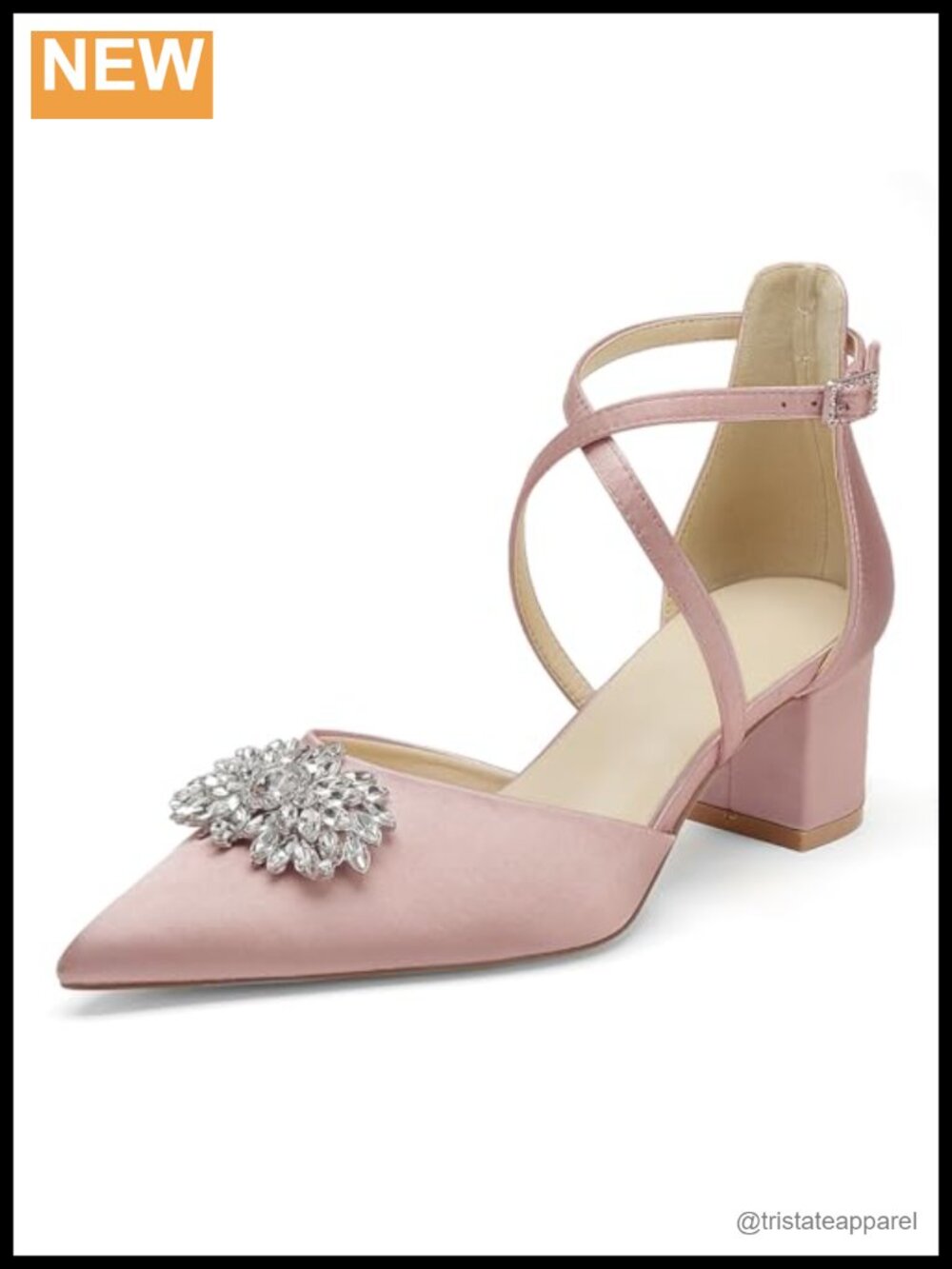 Satin Wedding Heels Pointed Toe Rhinestone Cross Strap Low Block Heel